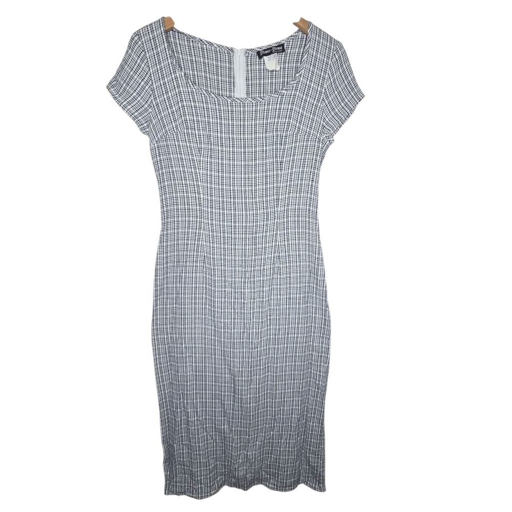 Vtg‎ Bisou-Bisou Blue Gingham Sheath Midi Dress SZ M USA 50s Housewife Pin-Up